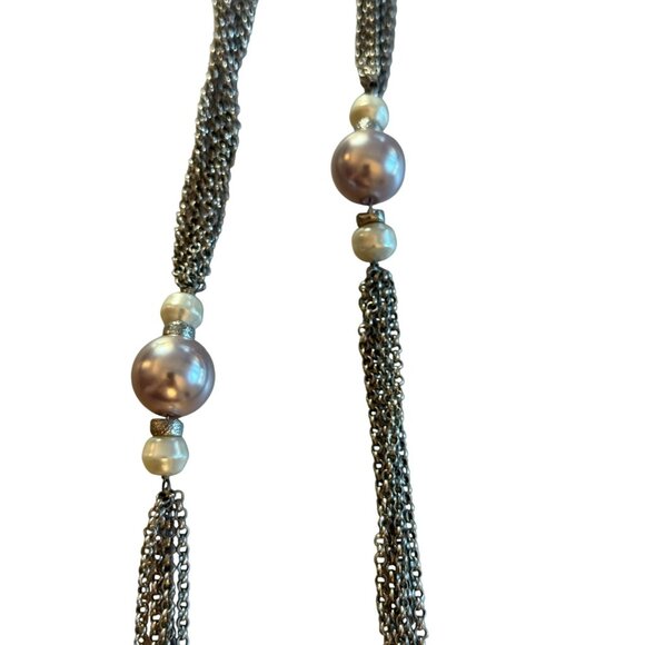 Signed Talbots Multi-Strand Silver-Tone Chain Necklace With Faux Pearl Accents - Picture 2 of 5